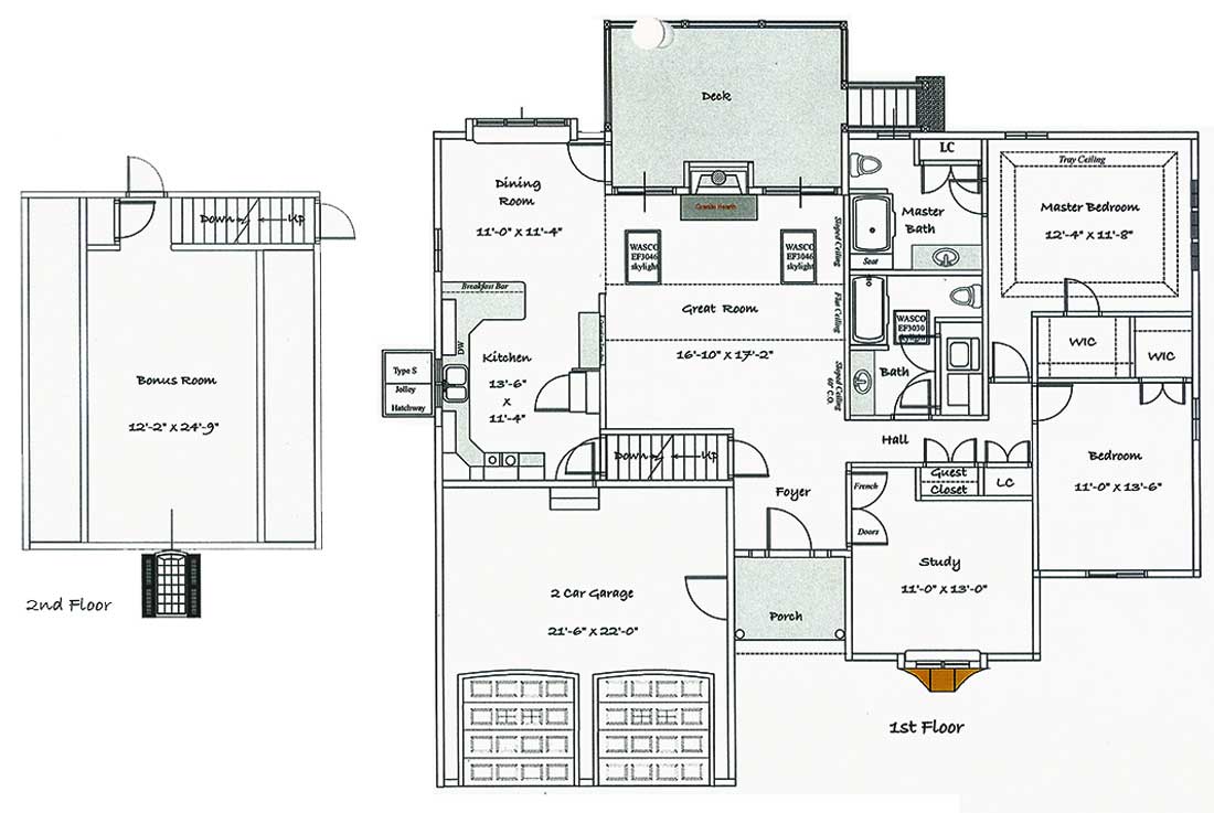 The Tracey, floor plan drawing of main and upper floor with bonus room