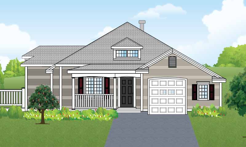 Ranch-style home with garage and covered front entrance.